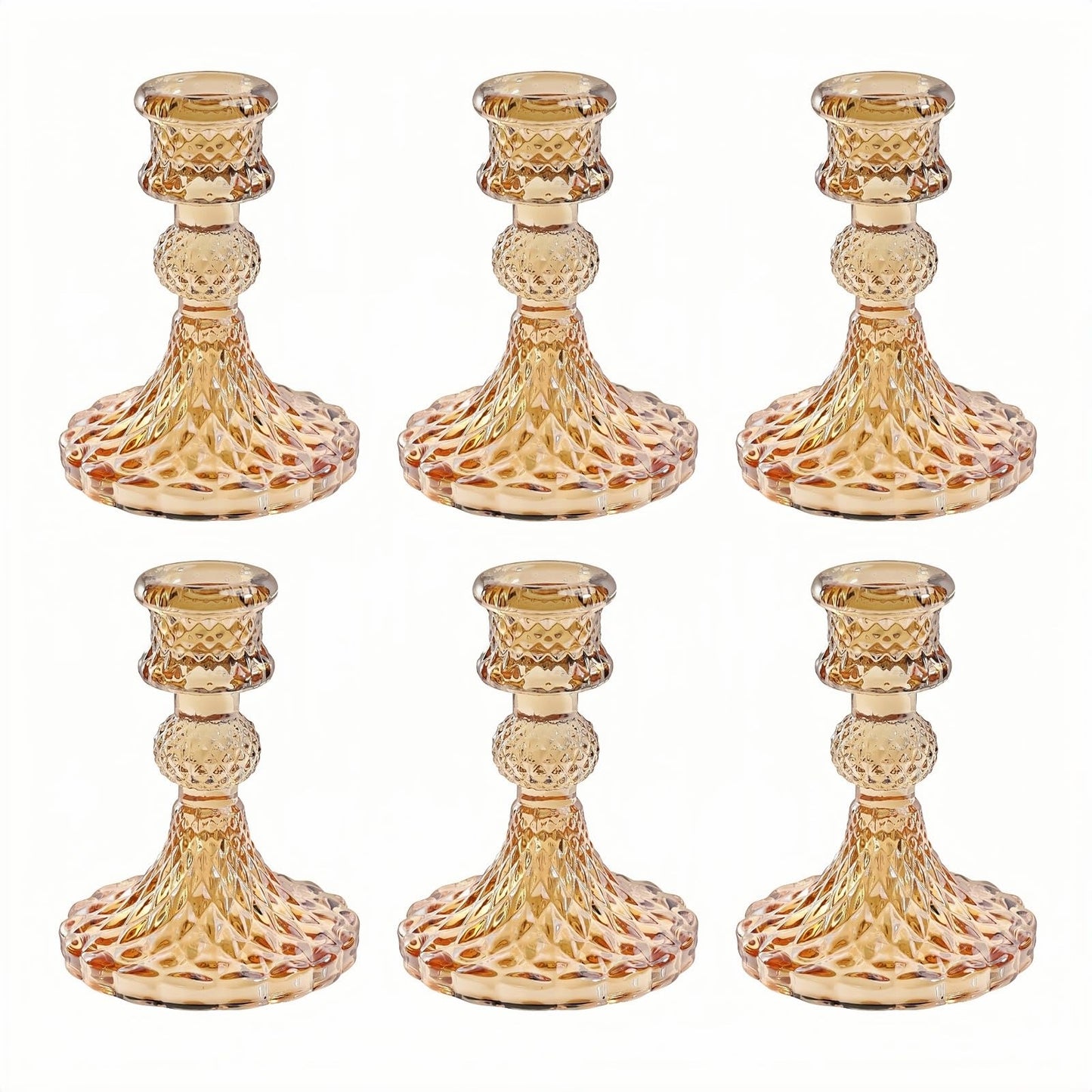 ECHFSM Glass Candlestick Holder,Striped Taper Candle Holders,Set of 6 Candle Stand for Table Centerpieces, Home Decor,Weddings,Festival and Parties (Amber Dimond Pattern)