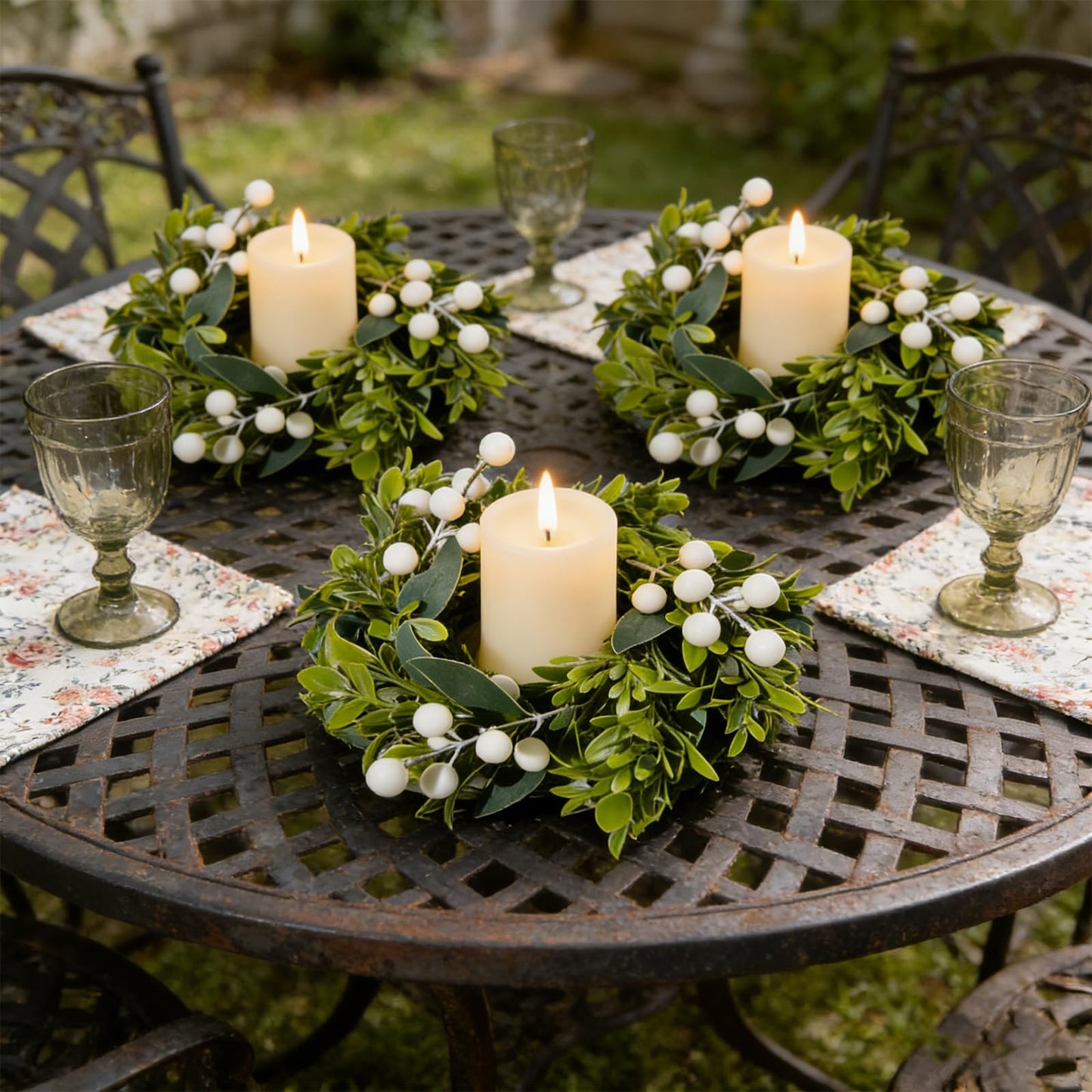 6 Pcs Small Spring Summer Candle Ring Wreaths with Artificial Boxwood Greenery White Berry Branches Mini Pillar Candle Holder Wreath for Home Table Centerpieces Kitchen Wedding Farmhouse Party Decor