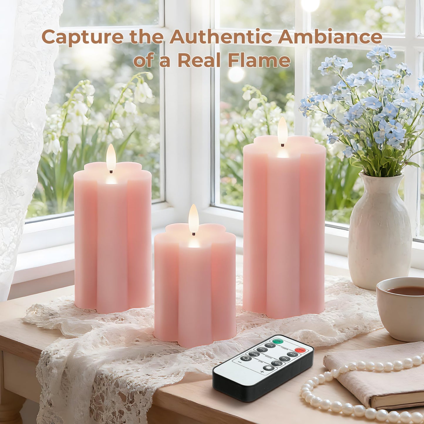 Velsyn Pink Flower Flameless Candles with Remote and Timer Real Wax Made LED Pillar Candles Battery Operated with 3D Flickering Flame Indoor Use Spring Decor, 3" x 4",5",6", Set of 3