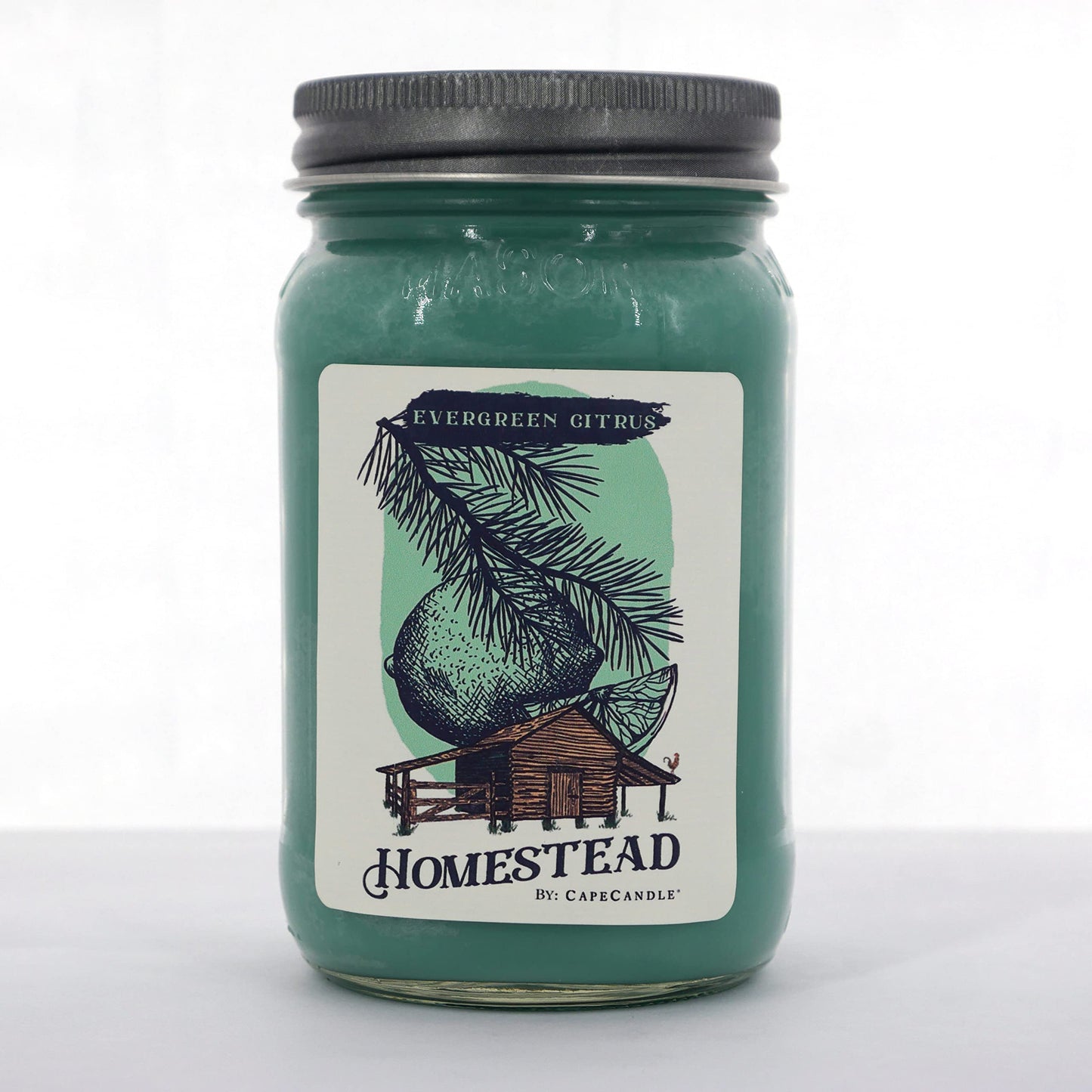 Cape Candle Homestead Soy Candle Wax, Evergreen Citrus Scent | Fresh Lemongrass & Herbal Fragrance | Hand-Poured Mason Jar with Pewter Cap | Home Decor Ambiance Soy Wax Accessories | Mason Jar, 16 Oz