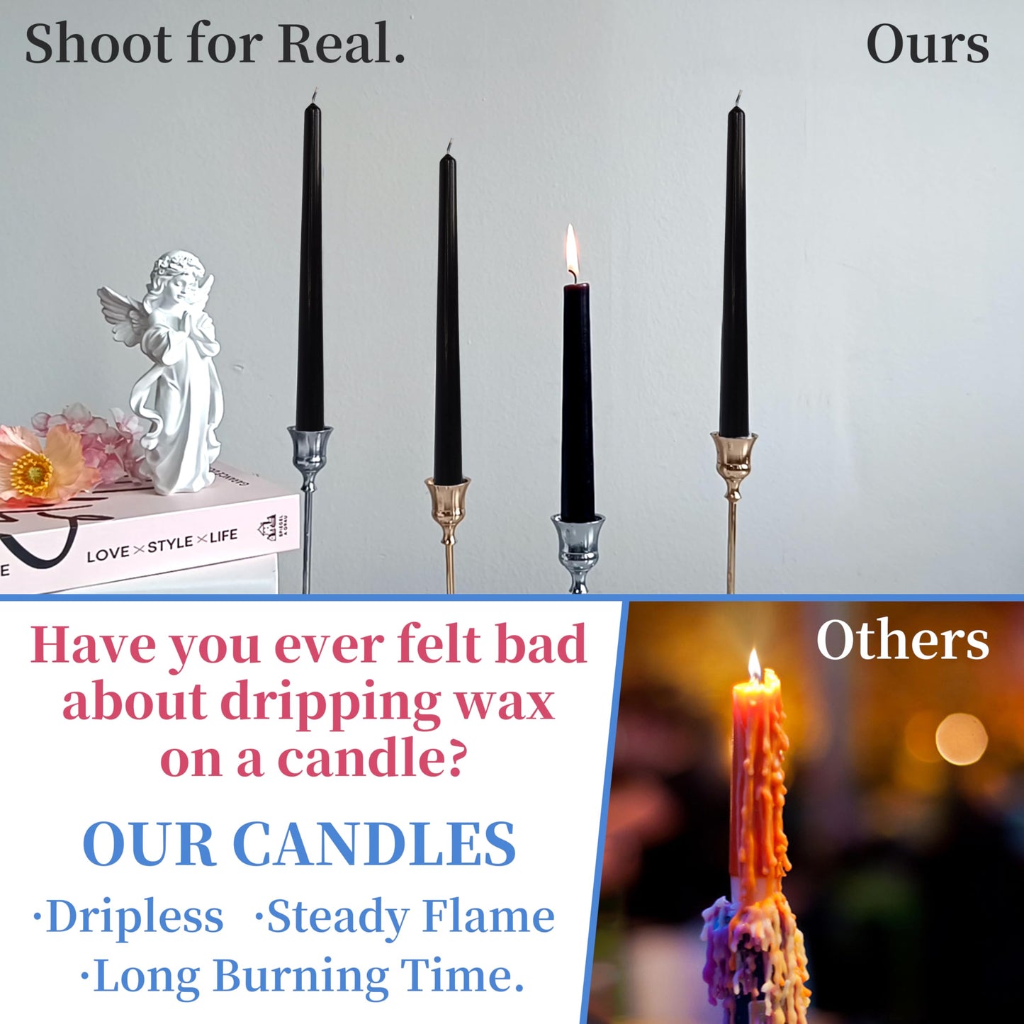 Dripless Unscented Black Taper Candles Smokeless Long Lasting Burn Elegant Tall 10 Inch Candlesticks for Home Décor Holiday Gift Dinner Party Formal Events