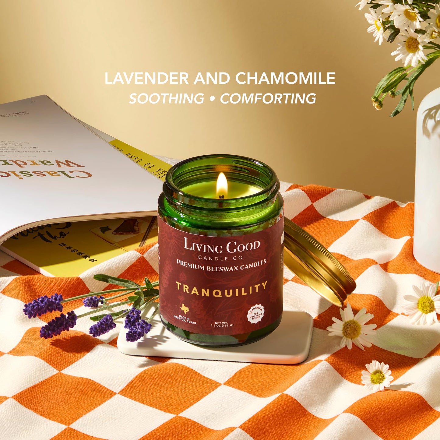 Tranquility – Chamomile & Lavender Essential Oils Beeswax Candle, Non Toxic Scented Candle, Clean Burning Aromatherapy Candle for Relaxation & Sleep, Gift for Busy Moms & Women - 5.5 OZ