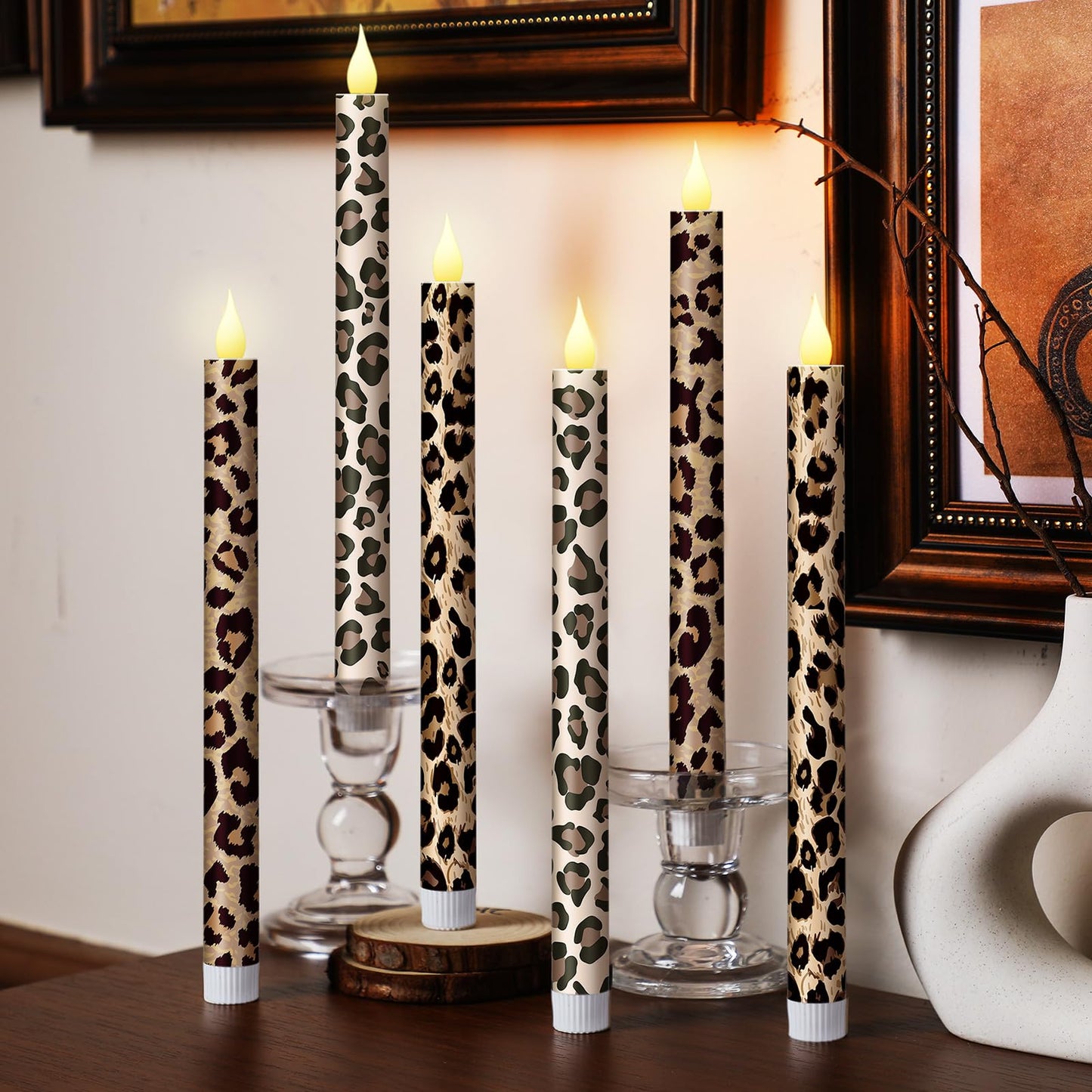Honoson 6 Pcs Leopard Flameless Taper Candles 10.6 Inch Wild Safari Cheetah Print Candles Battery Operated LED Candlesticks for Animal Theme Jungle Birthday Party Summer Table Home Bathroom Decor