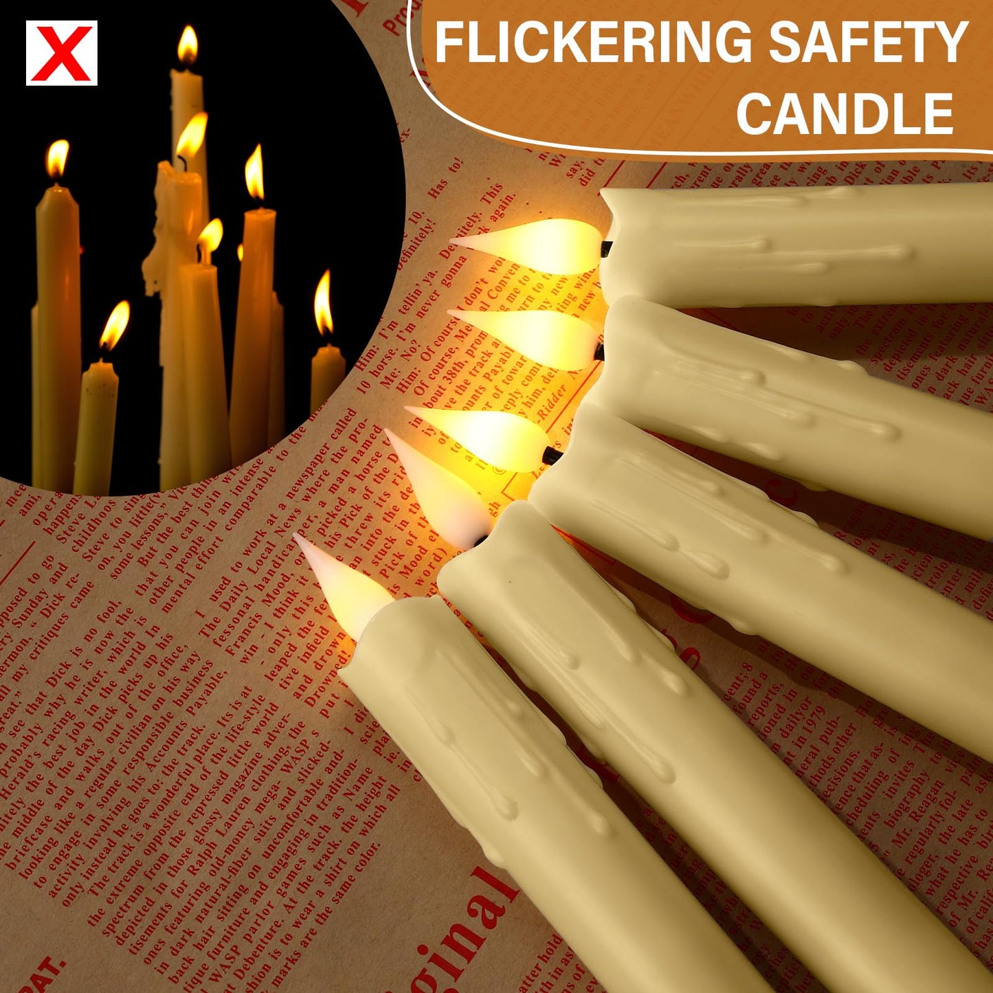 Baquler 48 Pcs 6.5/7.5/8.8/10 Inch Ivory Flameless Taper Candles LED Candle Sticks Battery Operated Flickering LED Candlestick Window Plastic Candle for Wedding Halloween Christmas Decor(No Battery)