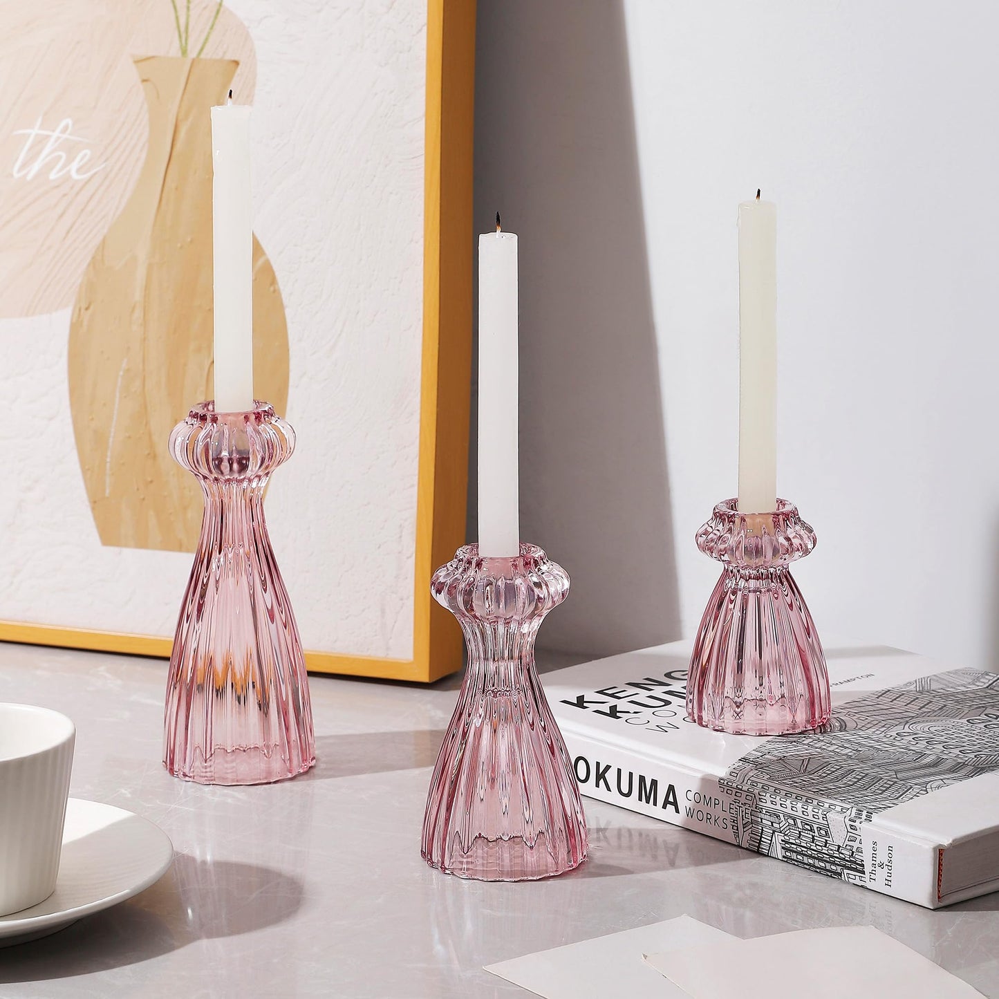 Lysenn Glass Candle Stick Holder Set of 3 – Premium Taper Candle Holders for Romantic Ambiance - Candle Sticks Holder Decor for Special Occasions - Pink