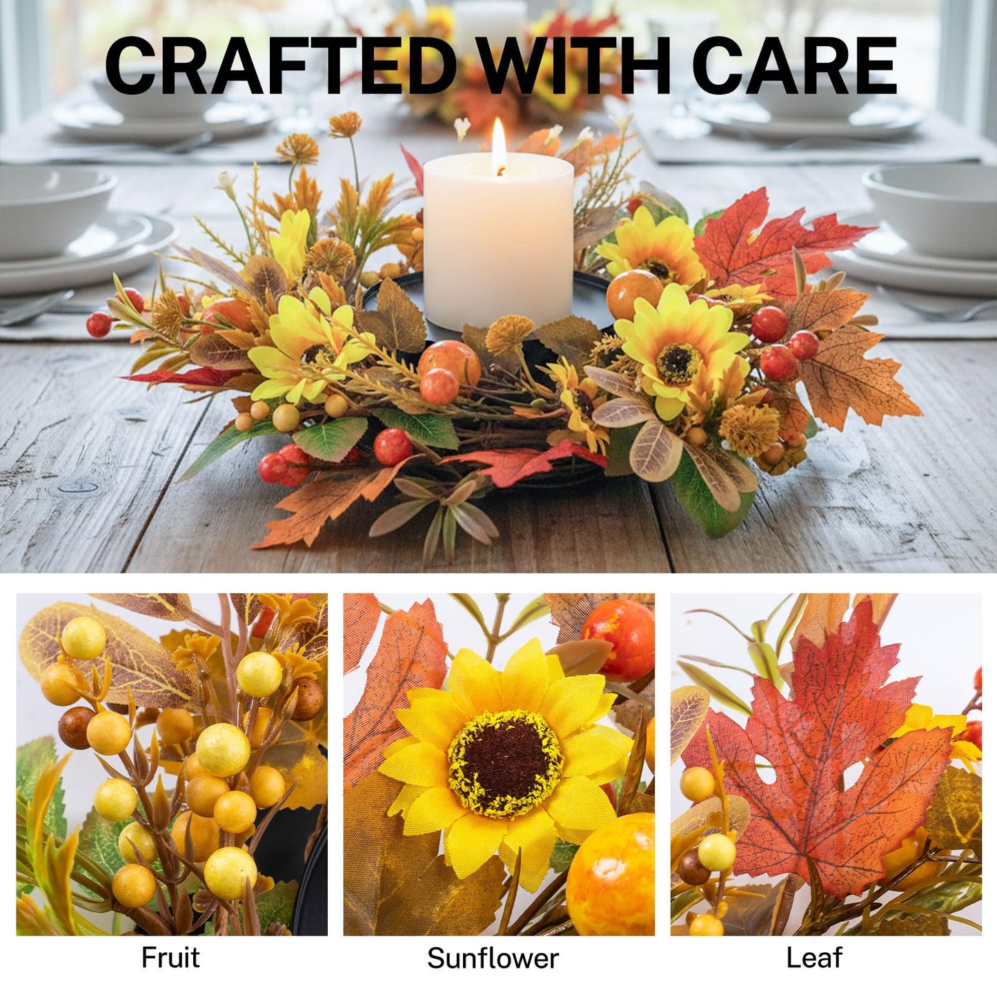 MOYEE Autumn Candle Holder Centerpieces for Tables,Candle Ring, Black Metal Candlestick with an Artificial Wreath 14 in Versatile Dining Table Centrepiece (Yellow Sunflower Wreath)
