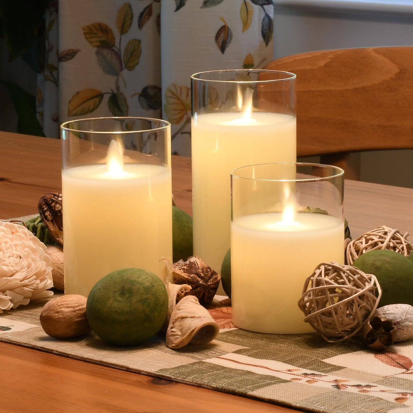 LumaBase Battery Operated Glass Hurricane LED Candles with Flickering Flame - Set of 3