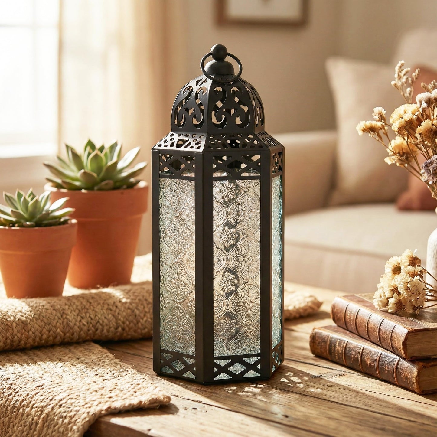 Vela Lanterns Decorative Indoor Moroccan Candle Holder & LED Fairy Lights -Twinkle Turkish Lamp, Fantasy Home Decor Table Centerpieces, Hanging Outdoor Patio Porch Wedding Ramadan (10.5", Clear)