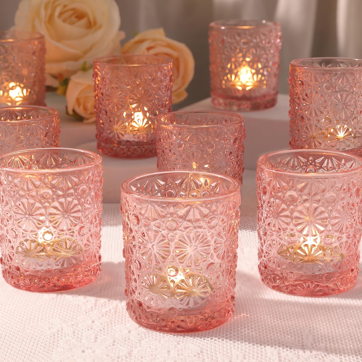 Lanttu Pink Votive Candle Holder Set of 12, Flower Tea Lights Candles Holders for Wedding Table Centerpieces, Birthday Parties, Anniversary, Pink Bridal Shower and Holiday Decorations
