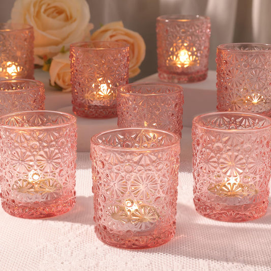 Lanttu Pink Votive Candle Holder Set of 12, Flower Tea Lights Candles Holders for Wedding Table Centerpieces, Birthday Parties, Anniversary, Pink Bridal Shower and Holiday Decorations