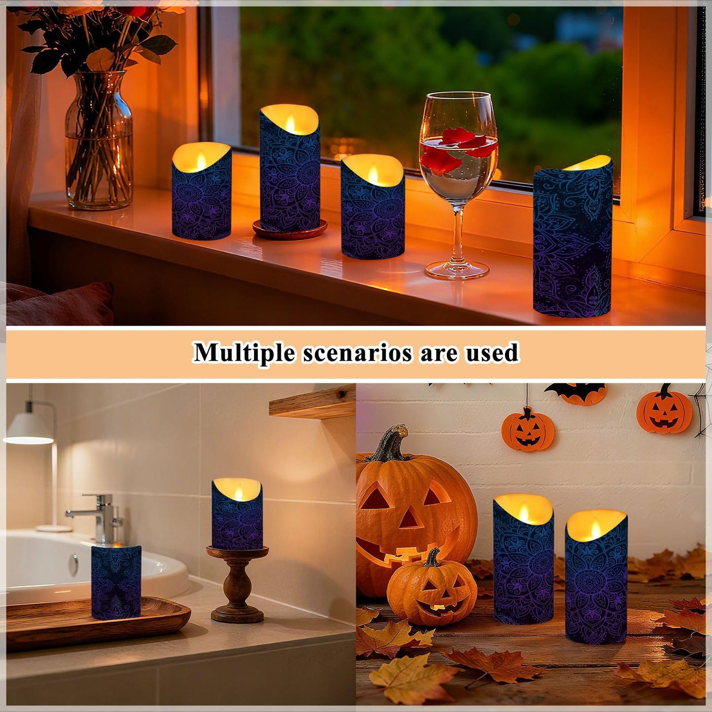 Flameless Candles Set of 2 Boho Ethnic Mandala A Realistic LED Candles with Remote Battery Operated Holiday Decorations