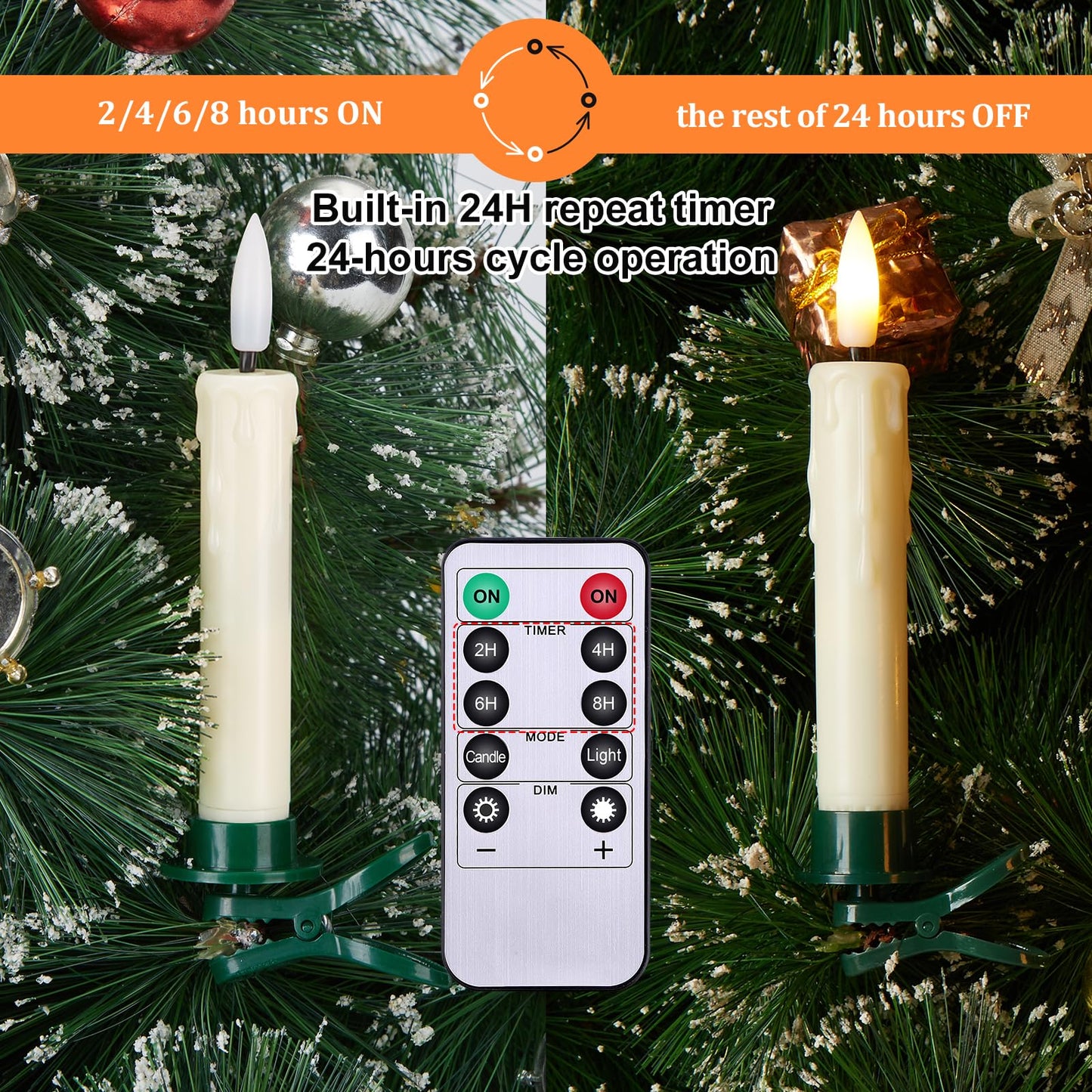 IMAGE 12Pcs LED Taper Candles Light Set 5.3 inches Dripping Flameless 3D Wick Ivory Candles with Clip-on Christmas Tree Design, 10-Key Remote with Timer, Warm White Light Battery Operated for Decor