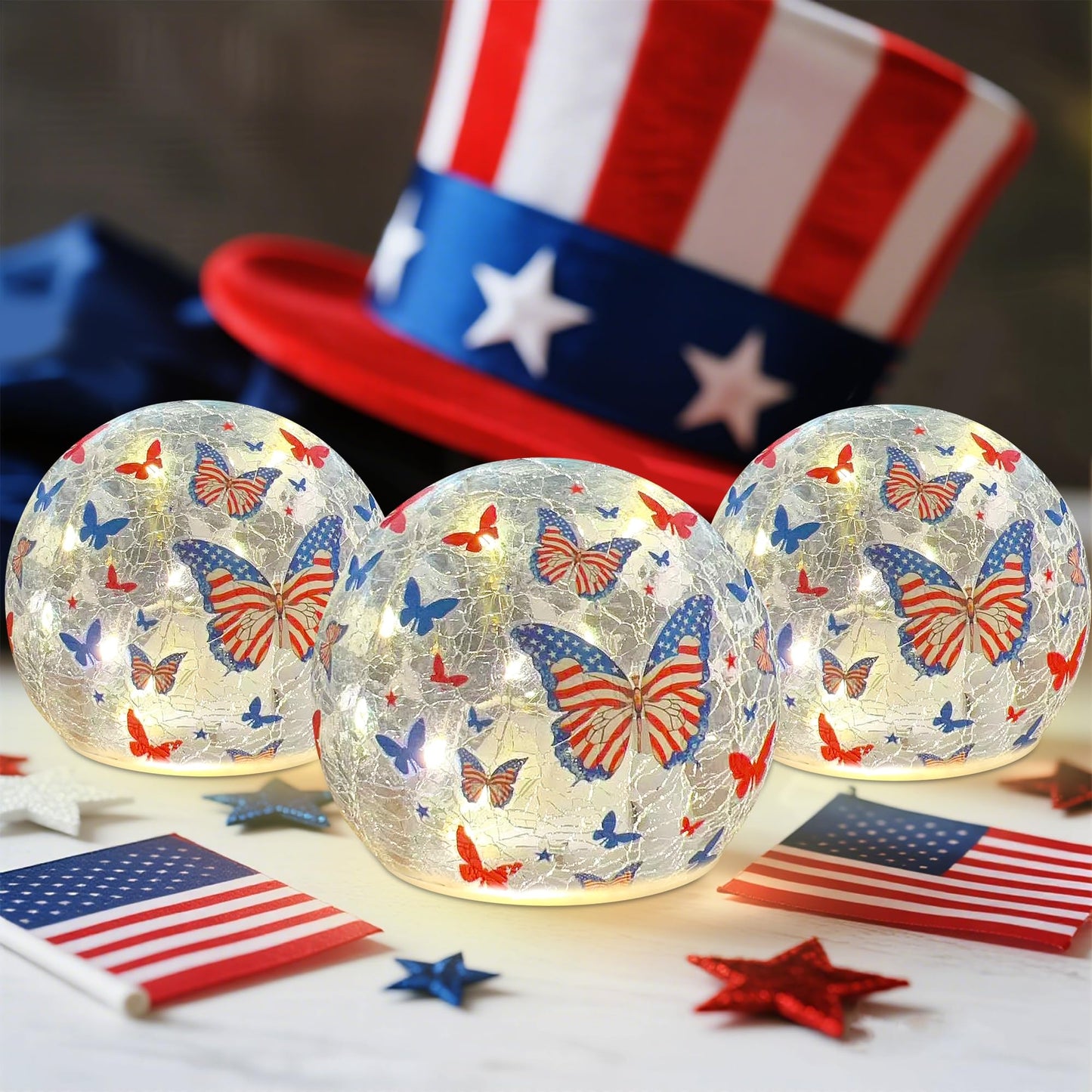 Memorial Day Decorations,3PCS Independence Day Decorative Lights, 3.93-inch Independence Day Desktop Decoration LED Night Light, Cracked Glass Ball Light with Timer, 4th of July Ornament (Butterfly)