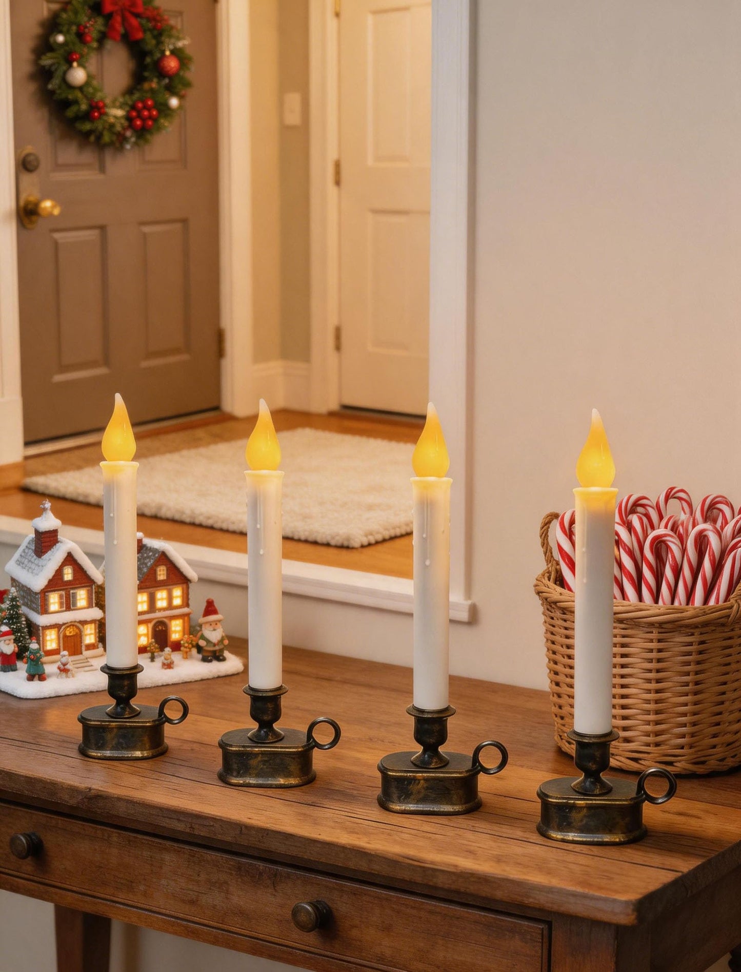 4 Pack Christmas Window Candle Lamps, Flameless Flicker LED Lights and Bronze Base, Dusk to Dawn Light Sensor, 10 Inch Battery Powered Window Candle for Dinners, Table, Party, Valentines Decorations