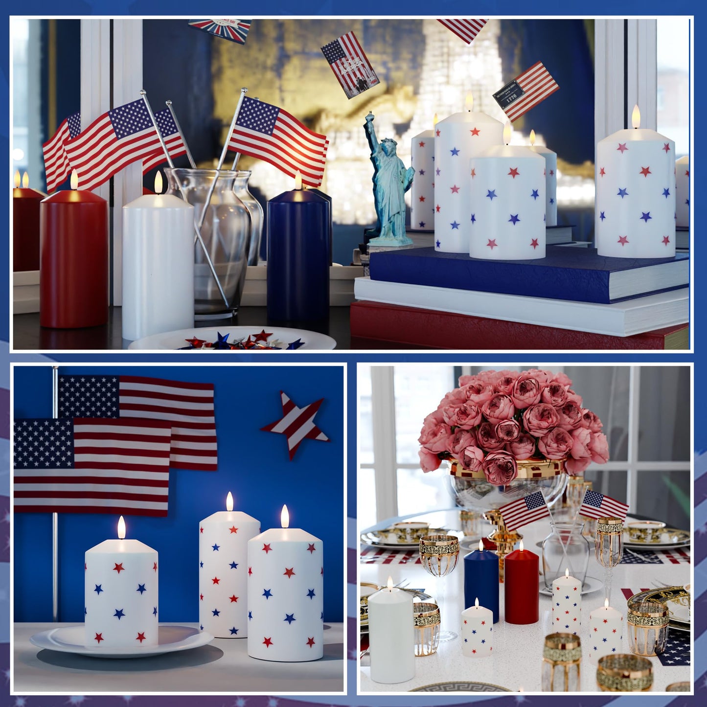 AFINETH Patriotic Red White and Blue Star Candles, Real Wax 4th of July Led Candles, Flickering Flameless Candles with Remote, Memorial Day Flameless Pillar Candles for Patriotic Holiday Decor