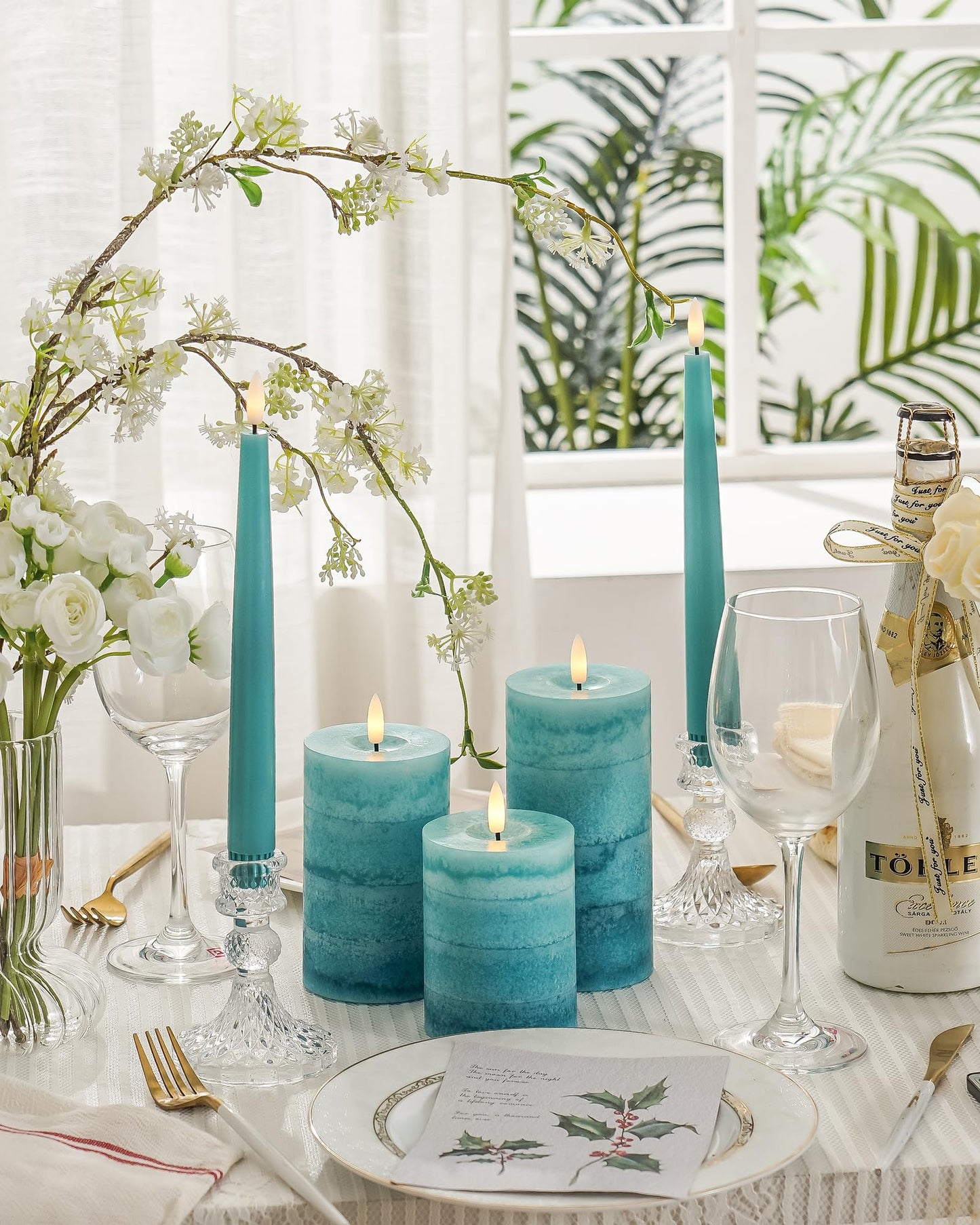 Stmarry Gradient Teal Flameless Candles with Remote and Timer, Real Wax Made LED Pillar Candles Battery Operated with 3D Flickering Flame - 3" x 4",5",6" - Set of 3 Turquoise Candles