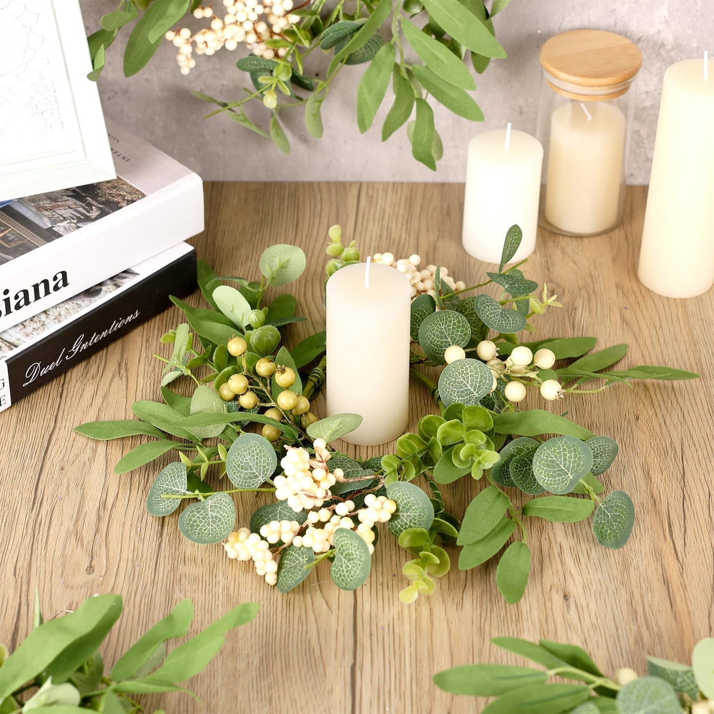 6 Pcs Green Eucalyptus Candle Rings Wreaths Spring Summer Kitchen Cabinet Wreaths Mini Green Berry Leaves Candle Wreath for Pillars Farmhouse Festival Wedding Celebrations Tabletop Decoration