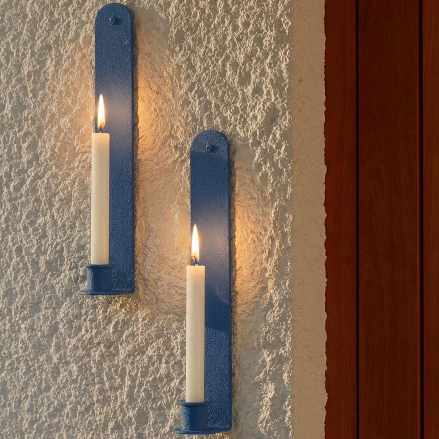 AimtoHome Wall Candle Sconces Set of 2, Classic Iron Farmhouse Holders for Taper Candles, Rustic-Textured Powder-Coated Wall Mounted in Blue for Living Room, Hallway Decor