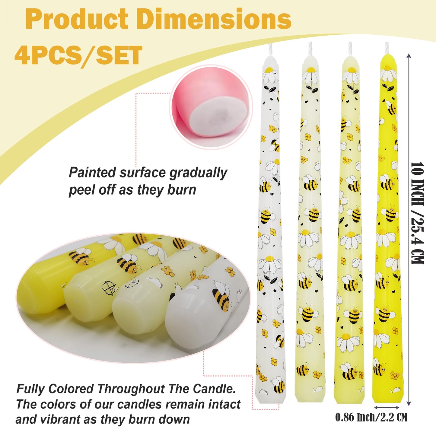 W&LESVAGO 10 Inch Yellow Bee Print Taper Candles, 4 Pack Dripless Long Candlesticks, Unscented Tapered Dinner Candles for World Bee Day, Wedding, Party, Home Table Decor(BY1)