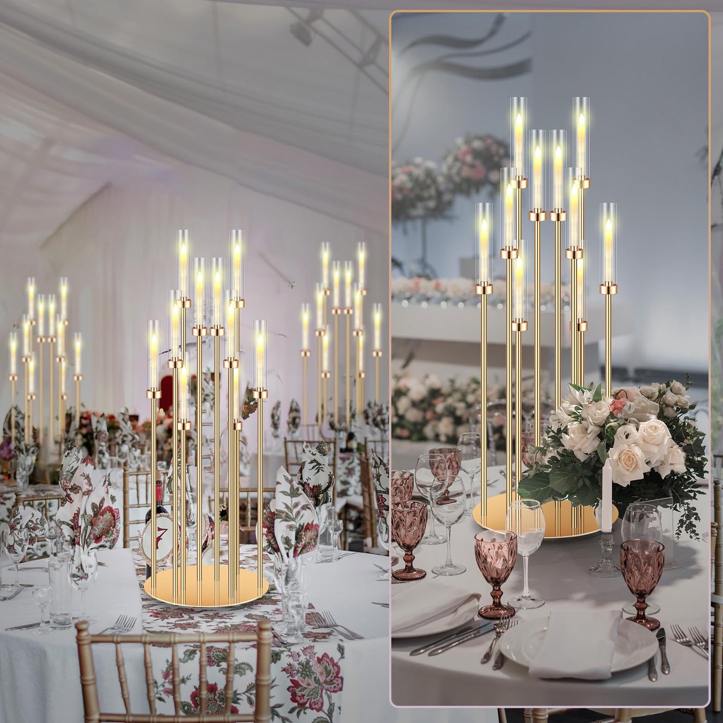 Tandefio 4 Pcs 10 Arm Wedding Gold Candelabra Floor Centerpieces with 40 LED Candle 46.5'' Tall Candlestick Metal Holder with Lampshade Fit 0.8 for Ceremony Party Dinner Table Easter Birthday Holiday