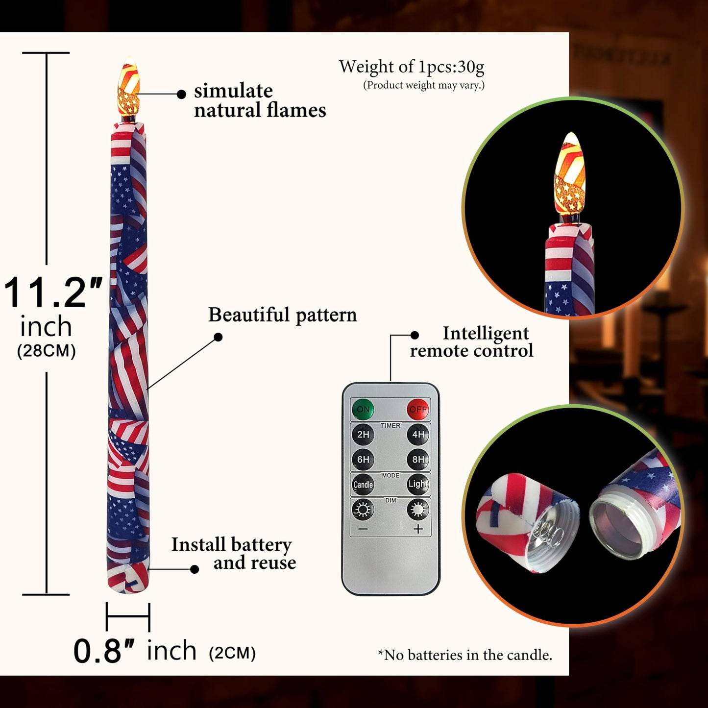 6PCS Patriotic US Flag Stars and Stripes Flameless Taper Candles, 11 Inch LED Candlesticks Battery Operated with 11-Key Remote and Timer, 3D Flickering Flame Lights for Wedding Party Home Decor Gifts