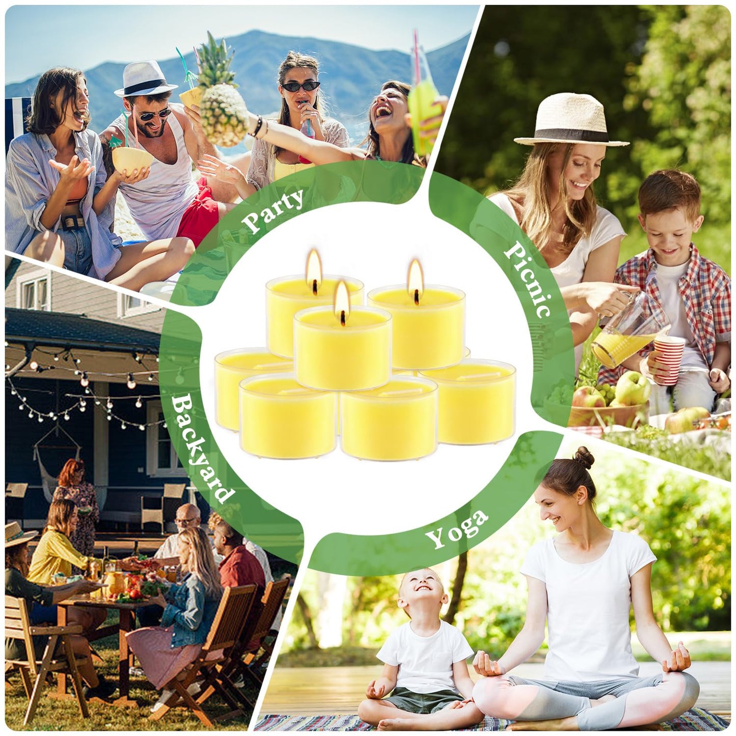 50 Pack Clear Tea Lights Candles Bulk, Summer Citronella Candle Outdoor and Indoor, for Birthday Emergency Home Garden(8 Hour, Yellow)