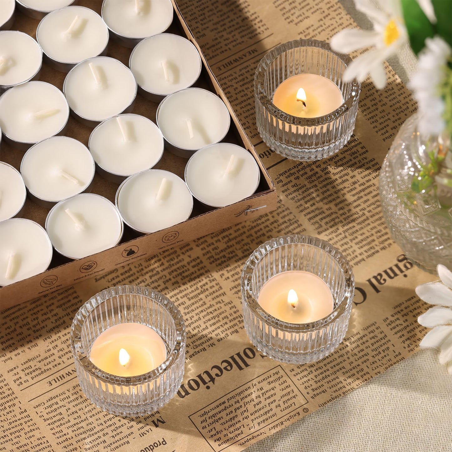 NITIME 30Pcs Clear Tealight Candle Holder with 32pcs Tea Light Candles, Ribbed Votive Candle Holders Glass for Table Centerpiece, Wedding Decor, Home and Holiday Decor