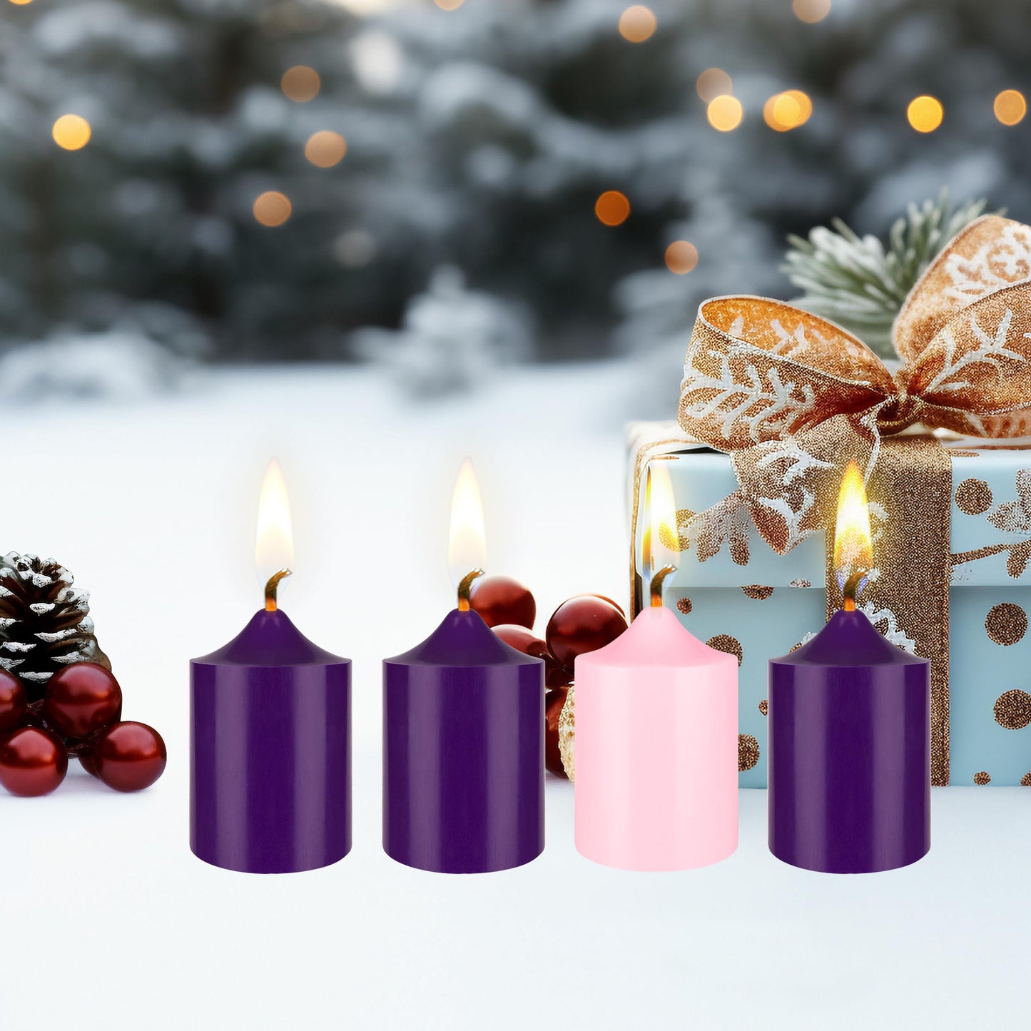 Mega Candles 4 pcs Unscented Christmas Advent Candles Set, Hand Poured Premium Wax Bell Top Round Pillar Candle 2 Inch x 3 Inch, Holidays, Festivities, Devotional, Church, Wreath, Party, Gifts