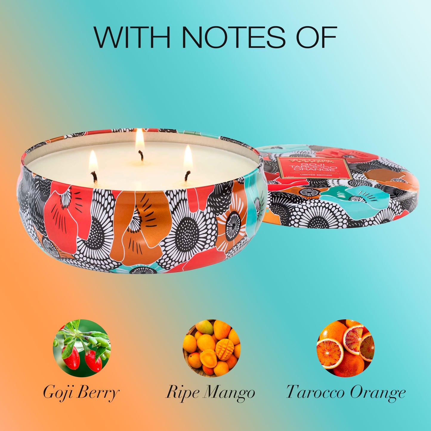 Voluspa Limited Edition Goji Tarocco Orange 3 Wick Tin Candle, 12 oz, 40 Hour Burn Time, Coconut Wax for Clean Burning, Handmade in The USA