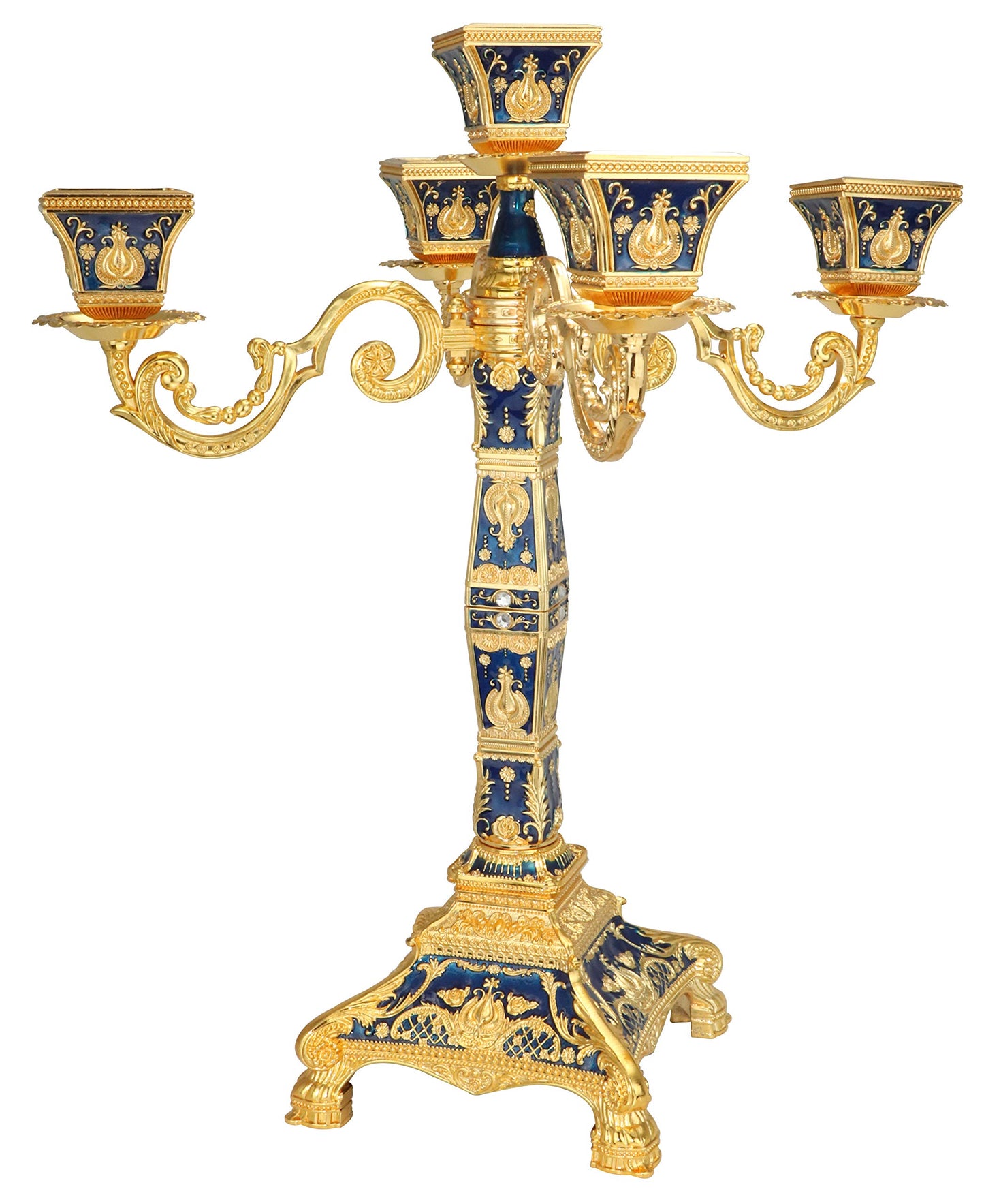 RosyLine Metal Candelabra 17" Height, Candle Holder with 5 Arms,Antique Bronze Furnish Candle Holder, Centerpiece for Home Decro,Wedding Event, Party,1 Pack (Golden Blue)