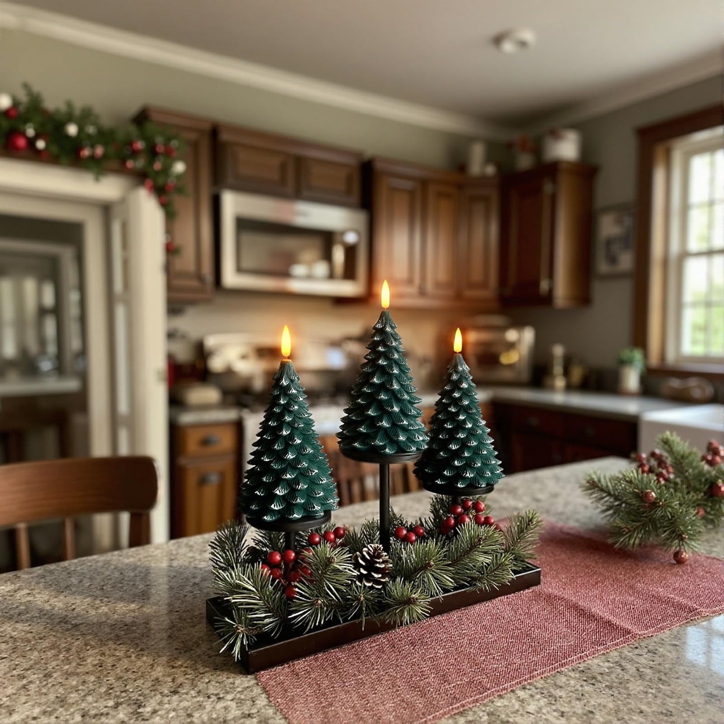 ARIKJ Christmas Decorations Indoor, Christmas Decor - Christmas Tree Candles Battery Operated, Flameless LED Candle Lights with 6H Timer, Xmas Home Decor, Set of 2(Green)