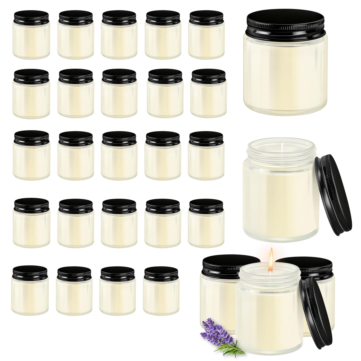 Cmoott 24 Pcs 4 Oz Mason Jar Candles, Lavender Scented Soy Candles Bulk Set for Stress Relief and Relaxation, Great Favors for Wedding, Christmas, Housewarming Gifts (Black, Lavender, 24)