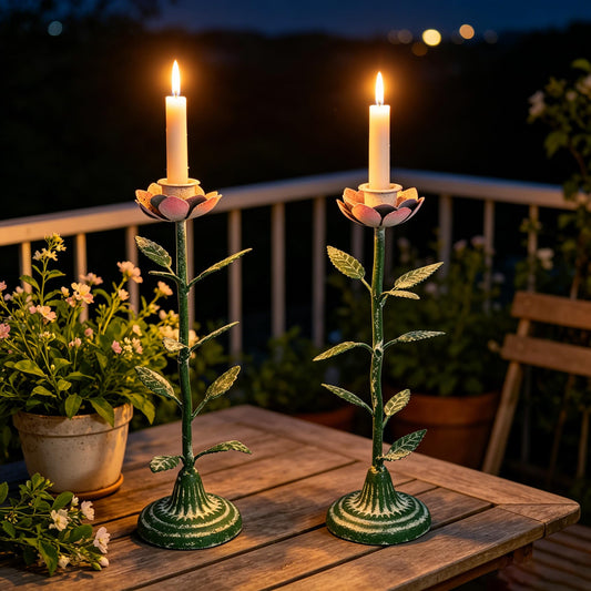 Vintage Metal Taper Flower Candle Holders Set of 2 Rustic Distressed Iron Decor Candlestick Handmade Tall Candle Stick Stands for Centerpiece Table Mantel Wedding Party Home Decoration Rose Green