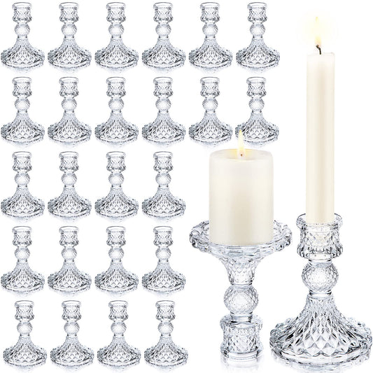 Sieral 24 Pcs Clear Taper Candle Holders 4'' Tall Glass Candlestick Holders Bulk Crystal Decorative Stand Wedding Stick Holder for Anniversary Party Dining Table Festival Decor