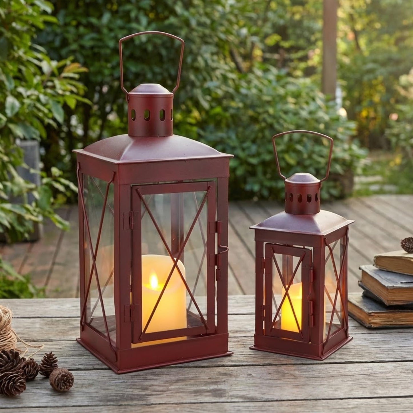 TRIROCKS Set of 2 Decorative Candle Lantern 14/10'' High Metal Candle Holder Hanging Lantern Perfect for Home Decor Patio Living Room Parties Events Tabletop Indoors Outdoors (Red)