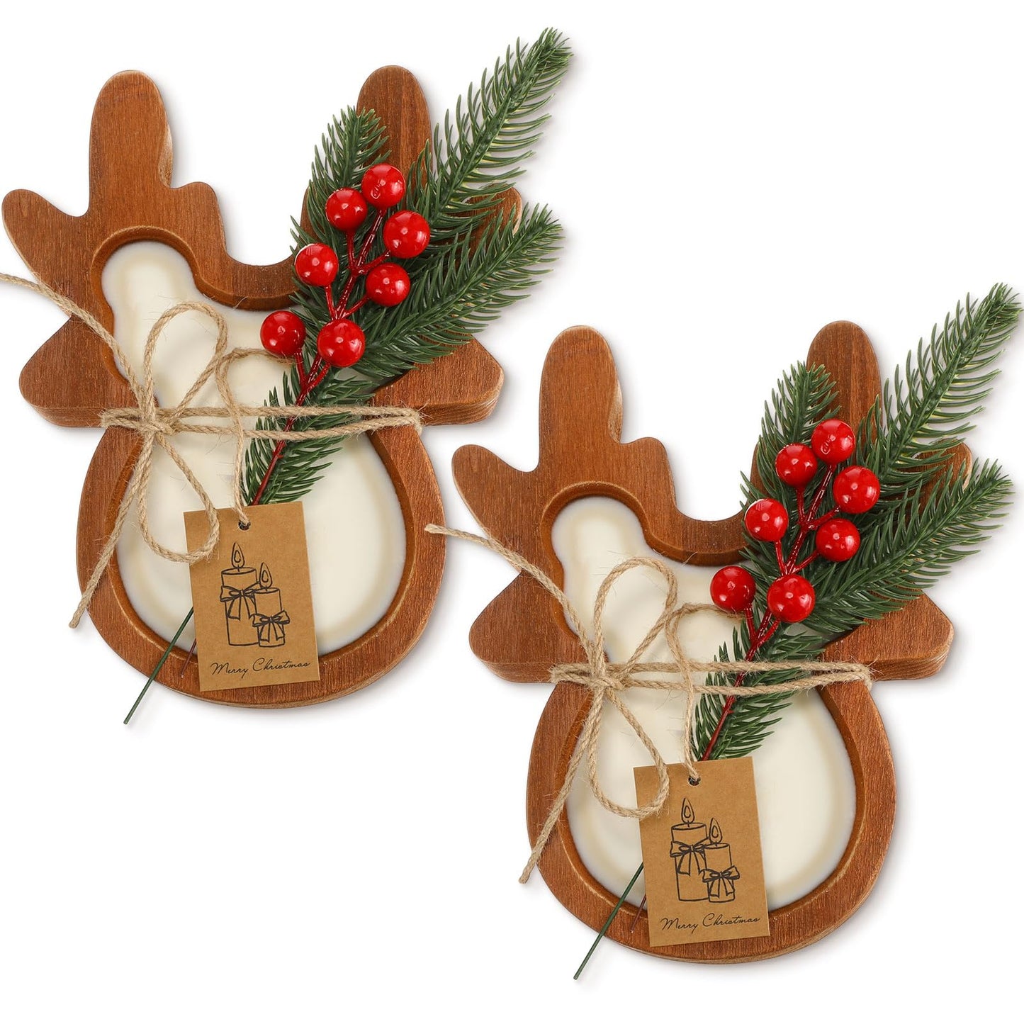 MTLEE 2 Pack Christmas Wood Dough Bowl Candle Deer Wooden Candle Bowl 3 Wick Xmas Farmhouse Decoration with Berries Pine Label for Christmas Table Centerpiece Birthday Gift Home Party Decor