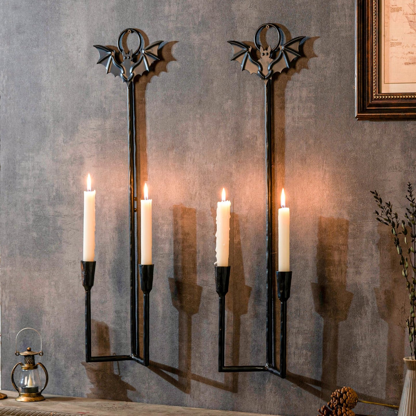 Wall Sconce Candle Holder Metal Hanging Wall Decorations Gothic Bat Wall Light Candle Holder for Home,Living Room, Bathroom, Dining Room, Set of 2（Black