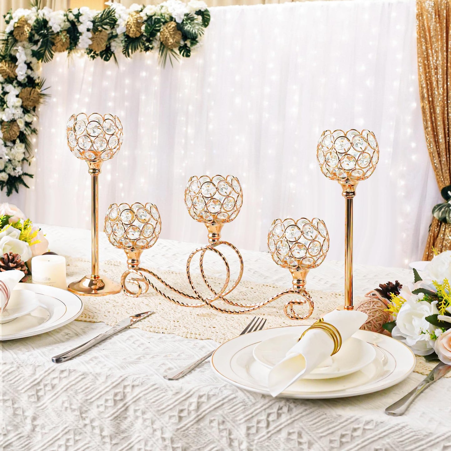 kolnlala Gold 5 Arm Metal Crystal Tea Light Candle Holder, Elegant Wedding Table Centerpiece, Christmas Wishing Bowl Candle Holder