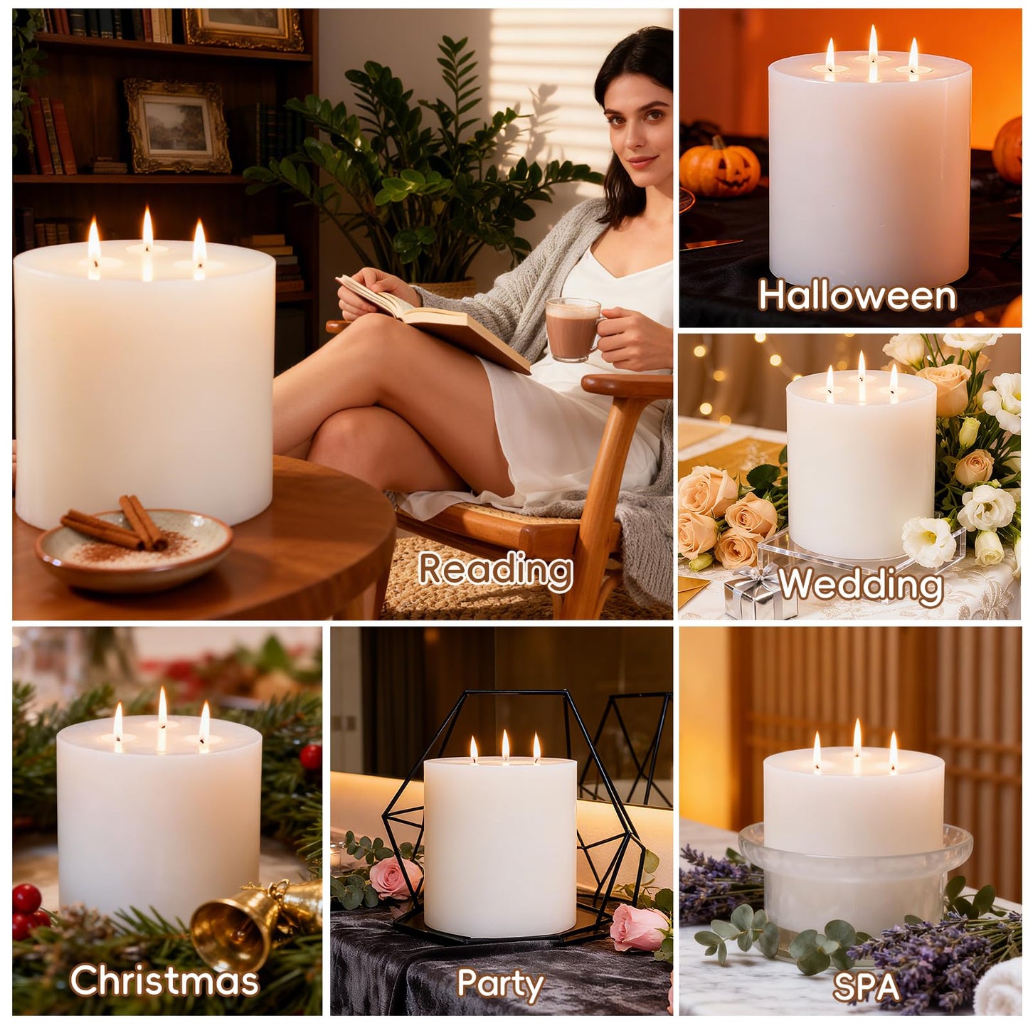 Extra Large Pillar Candles 3 Wick Unscented White Candles Emergency Pillar Candle 175 Hours Long Burning Candle 6" x 6" Dripless Smokeless Dinner Candles for Home Party Wedding