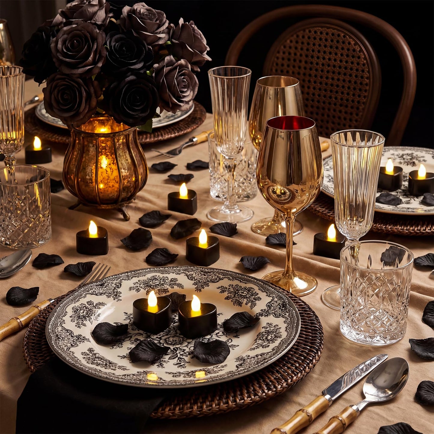 Honoson 1000 Pieces Artificial Rose Petals with 24 Pcs Flameless Heart Shaped LED Tealights Candles Special Romantic Night Decorations for Proposal Wedding Anniversary Table Decor (Black with White)