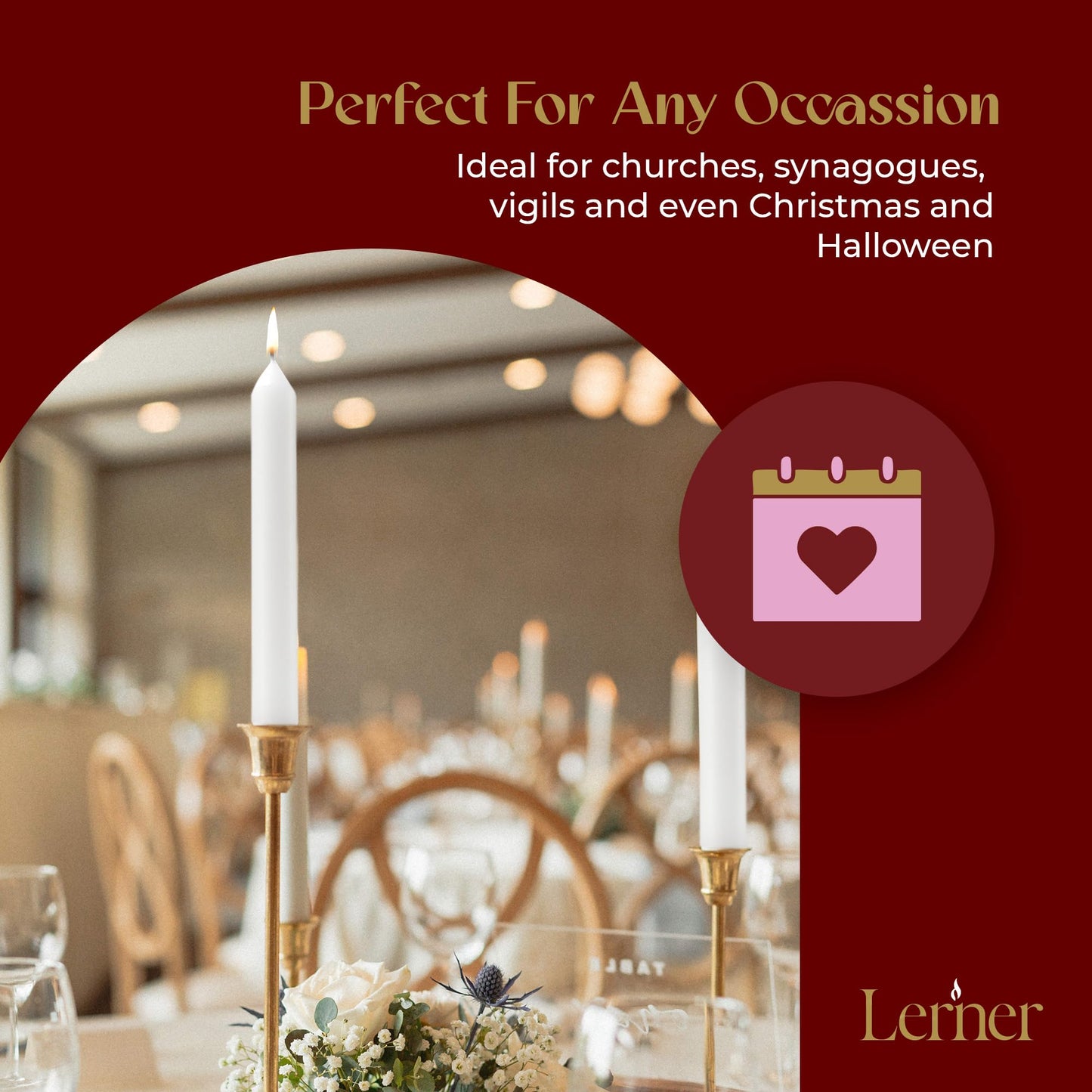 Lerner White Household Candlesticks, Pack of 50 | 6-Hour Burning Time | 7 Inch Tall Dinner Candles | 100% Dripless | Shabbat Candles | Candlesticks for Holidays, Churches, Décor, Emergencies