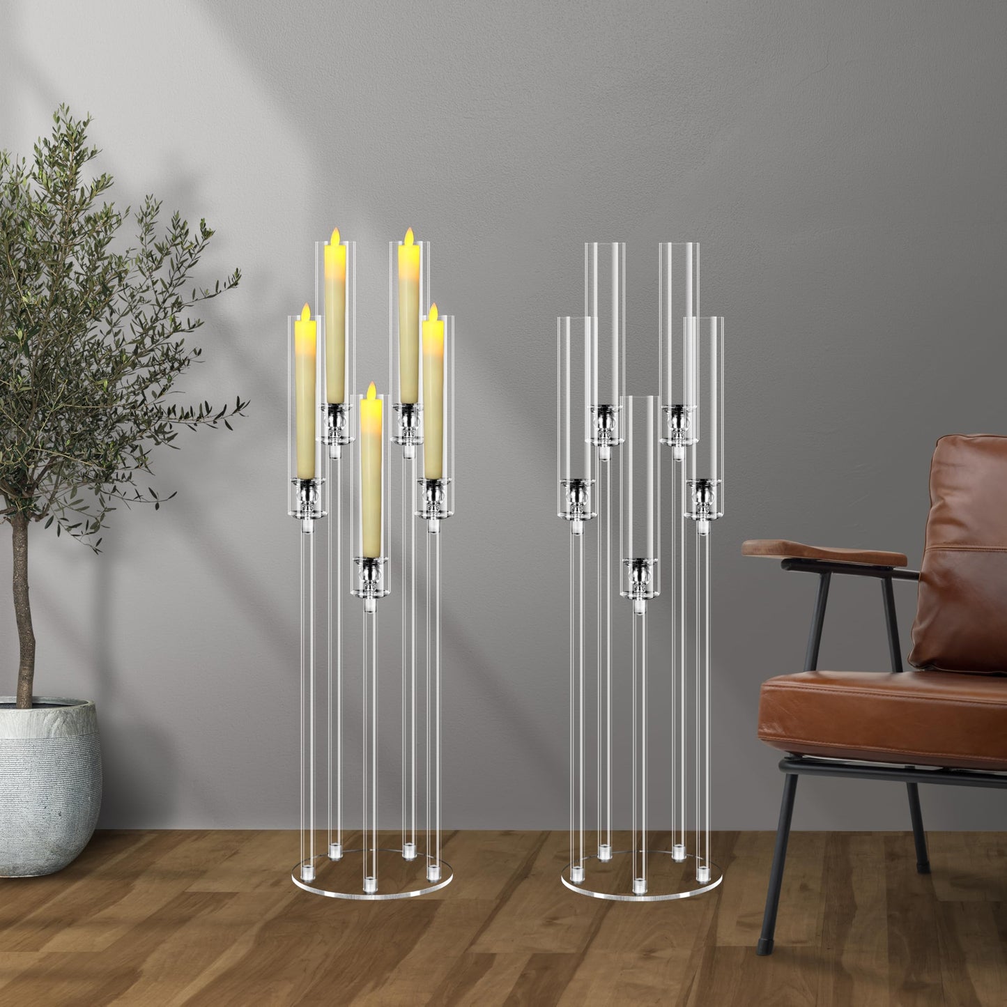 4Pcs 5 Arms Acrylic Candelabra Centerpieces for Tables Decortion,Clear Candle Holder for Wedding Dinner Fireplace Decoration,35 inches Tall Candlesticks Holder with Lampshade, Fits LED Candle