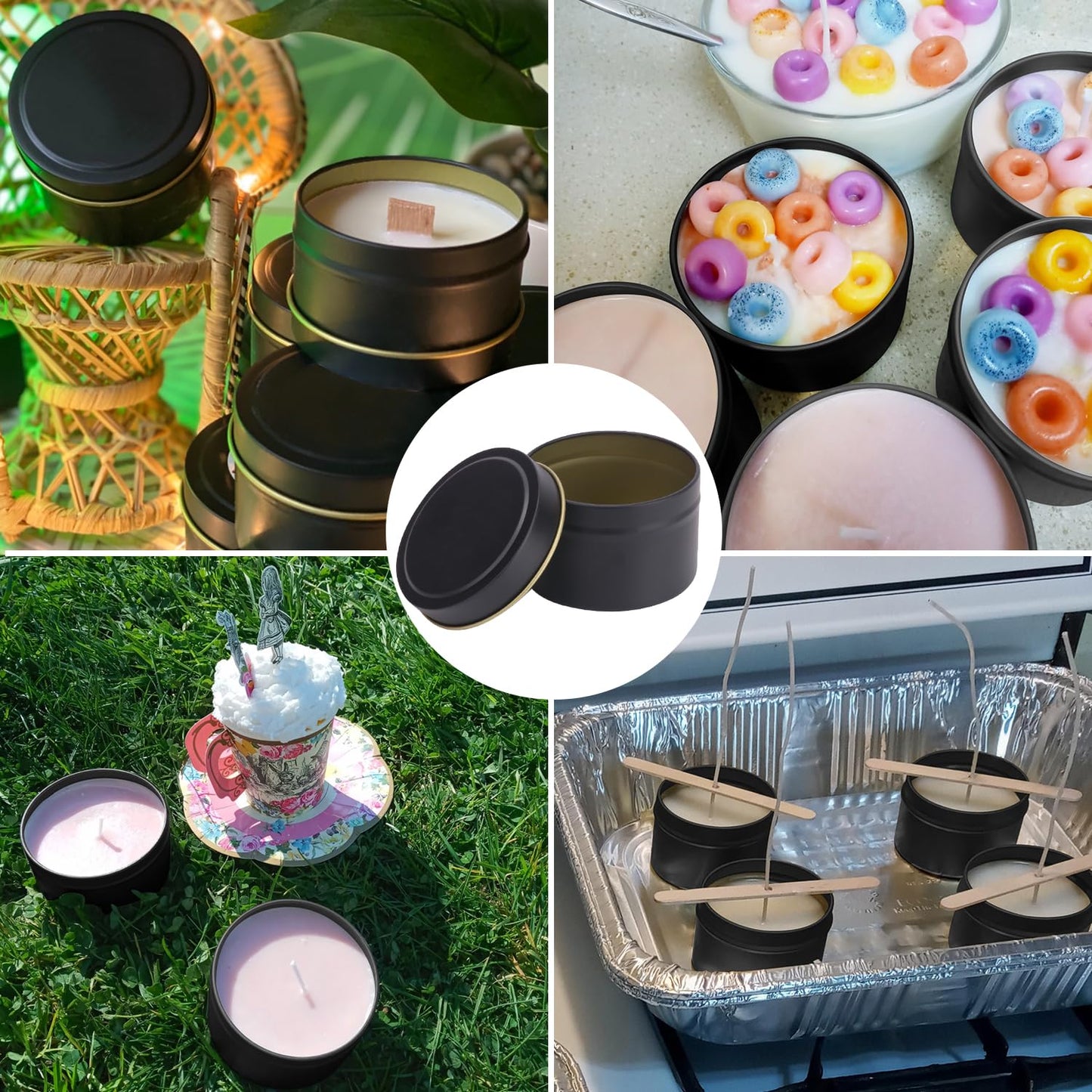 Biugaaufai 72 Pack 4 oz Black Metal Candle Tins with Lids, Round Bulk Metal Candle Jar, Matte Finish, Round 4 oz Candle Tins for DIY Candle Making and Storage
