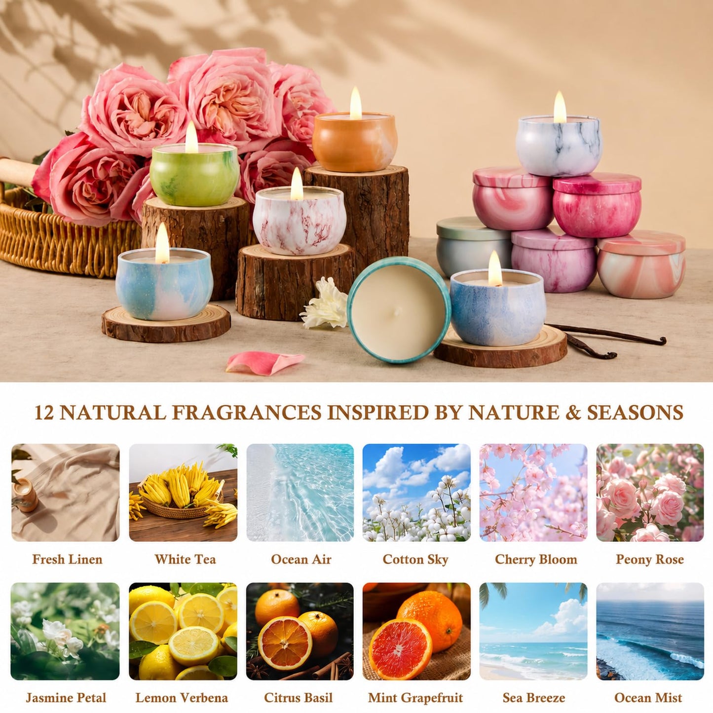 Scented Candles Gift Set for Women, 12 Pack Soy Wax Aromatherapy Candles with Spring Summer Fresh Scents, Up to 300H Total Burn Time, Colorful Portable Tin Candle Gift for Mom, Birthday & Housewarming