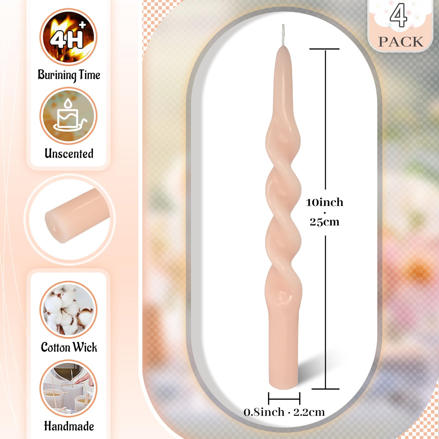 FLAMMUL Twisted Taper Candles 10 Inch Smokeless Long Stick Candles Gradient Orange Unscented Twisted Candlesticks for Home Decor Wedding Holiday 4 PCS