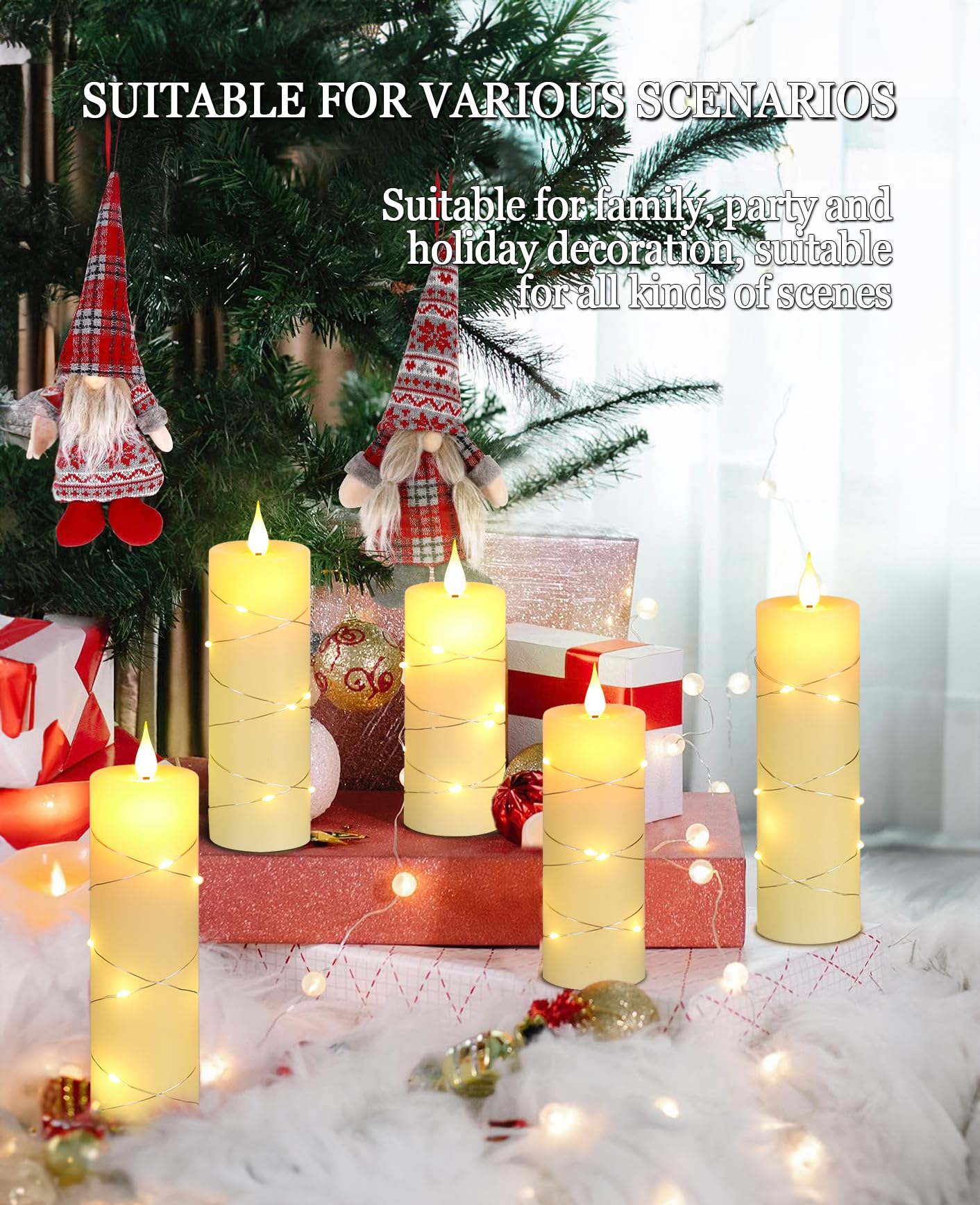 Da by 5 Pack Ivory Real Wax Flameless Taper Candles, Lifelike Flickering LED Flame Candles with Surrounding Fairy String Lights, Battery Candles with Remote for Home Wedding Holiday Decor