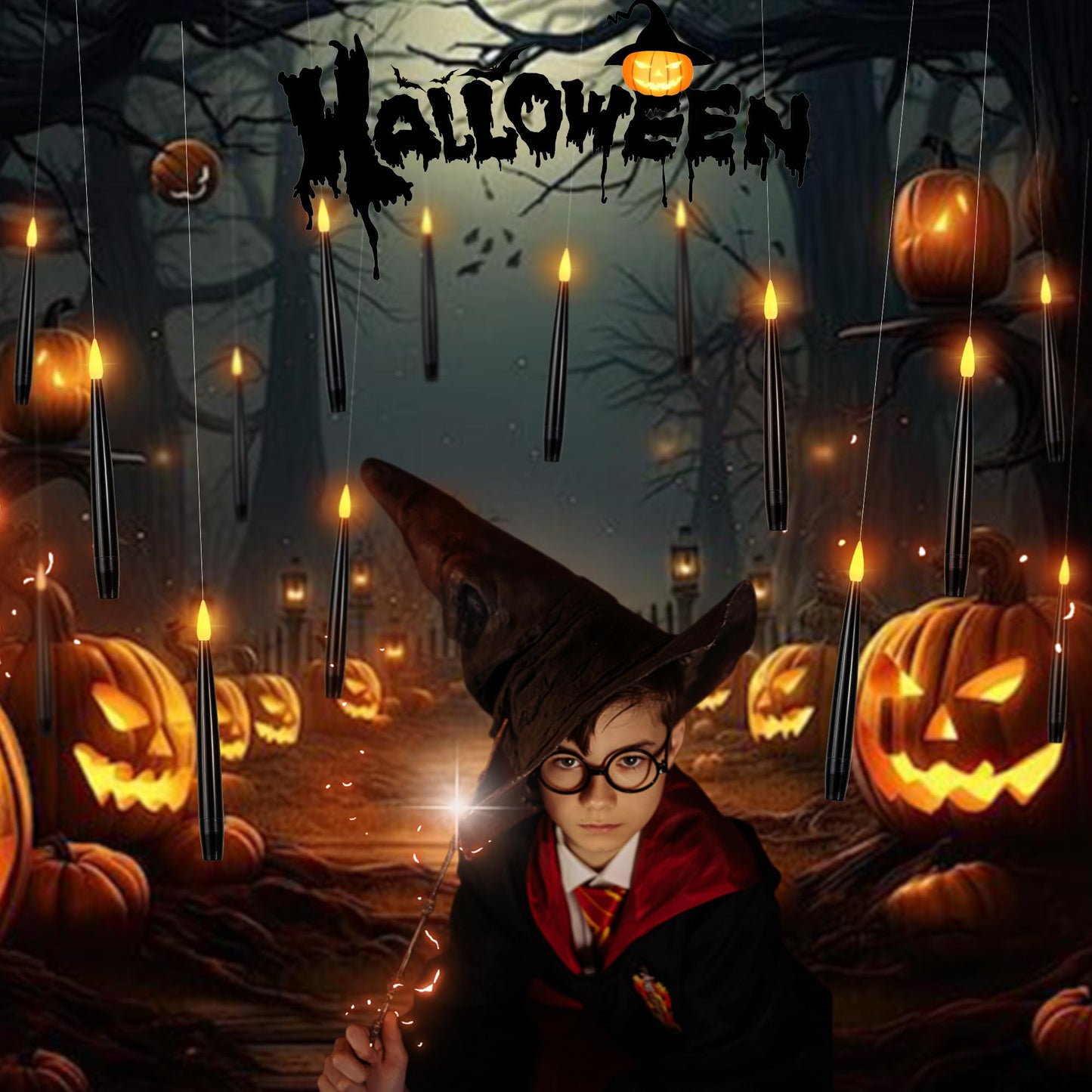 LUSHARBOR Floating Candles with Wand, Magic Halloween Decorations 10pcs Black Flameless Candles with Remote LED Battery Operated Candle for Halloween Decor Gift 6.1in