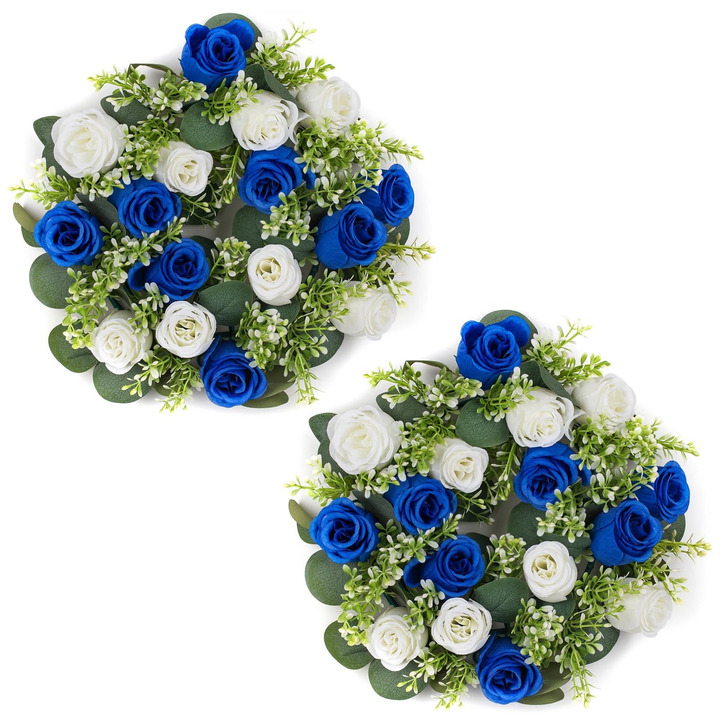 NUPTIO Flower Candle Rings for Centerpieces: 13.4 Inch Rose Wreath for Wedding Party Christmas - Royal Blue & White Wreaths for Spring Summer Front Door Porch Table Decor 2 Pcs