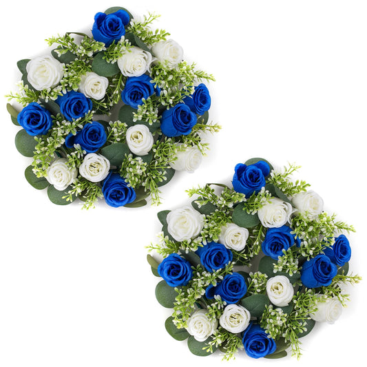 NUPTIO Flower Candle Rings for Centerpieces: 13.4 Inch Rose Wreath for Wedding Party Christmas - Royal Blue & White Wreaths for Spring Summer Front Door Porch Table Decor 2 Pcs