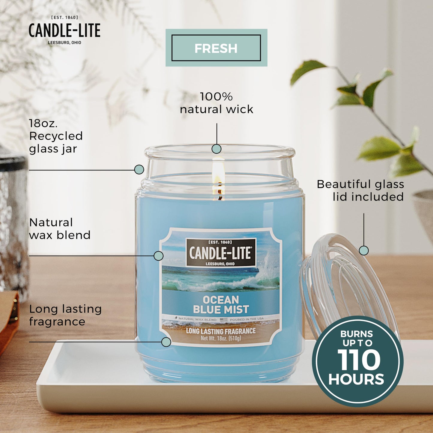 CANDLE-LITE Scented Ocean Blue Mist Fragrance, One 18 oz. Single-Wick Aromatherapy Candle with 110 Hours of Burn Time, Light Color (Individual Box) (Pack of 2)